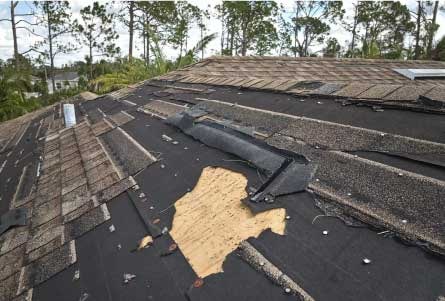 Wind damaged roof with lifted and missing shingles