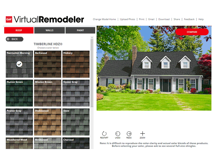 GAF Visualizer in action - choose a shingle color and see it appear on the roof of a modal home or your own home